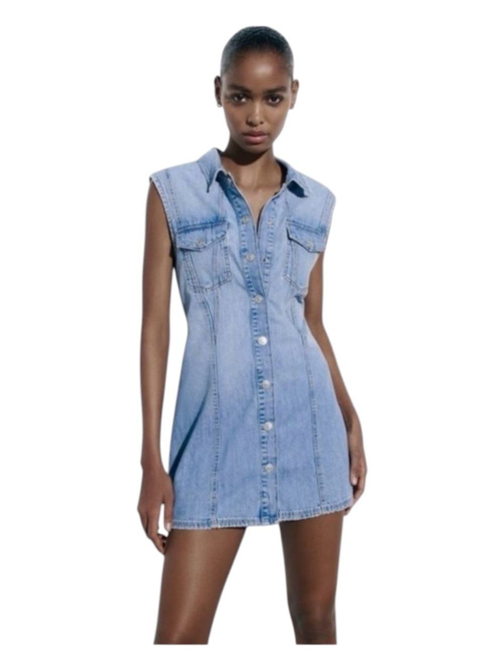 ZARA Blue Denim Snap Front Mini Dress, Size S.